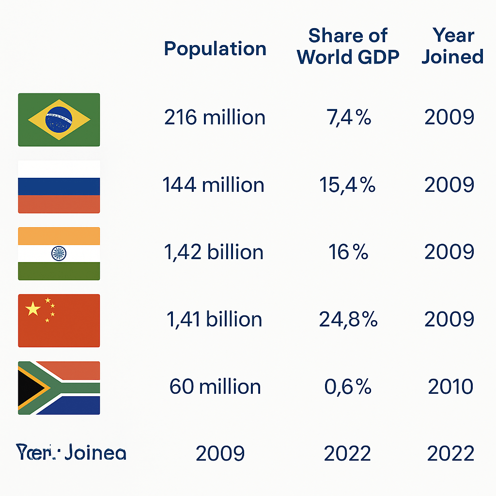 "BRICS countries infographic showing flags, population, GDP share, and year joined for Brazil, Russia, India, China, and South Africa