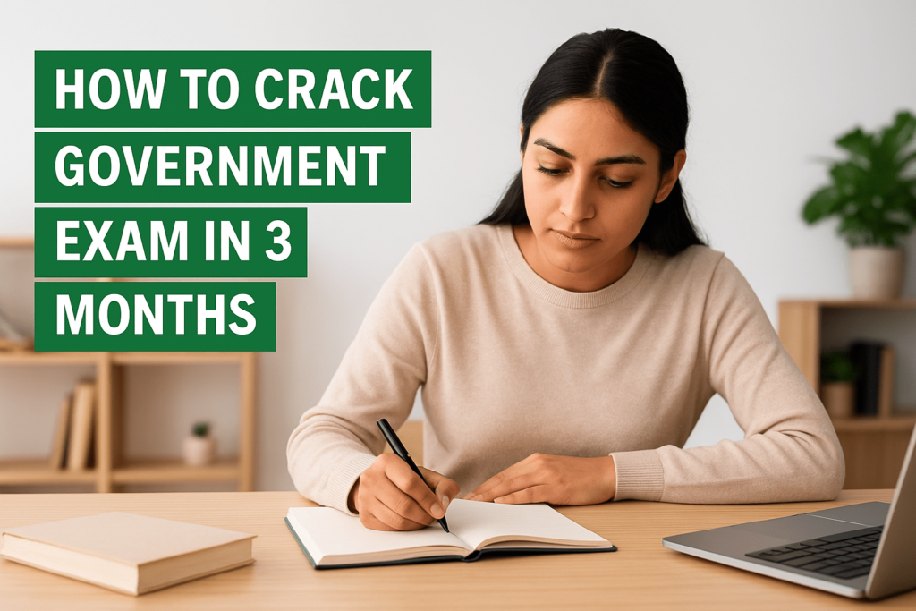 Young woman preparing for government exam in 3 months, focused on study notes with books and laptop on desk.