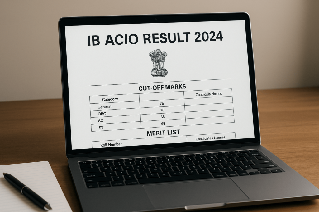 Laptop displaying IB ACIO Result 2024 PDF with cut-off marks and merit list, placed on a desk with notepad and pen.