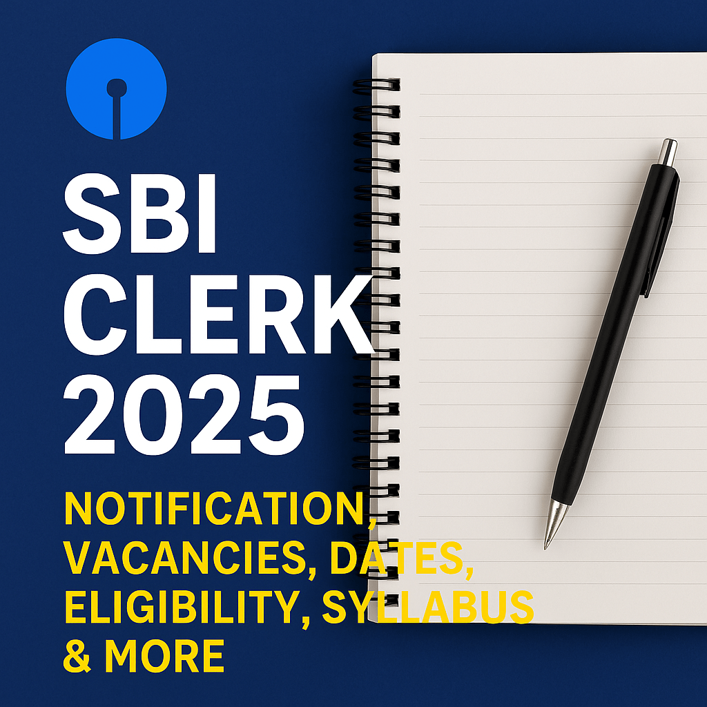  SBI Clerk 2025 notification cover image showing exam details like vacancies, dates, eligibility, and syllabus with SBI logo and notebook background.